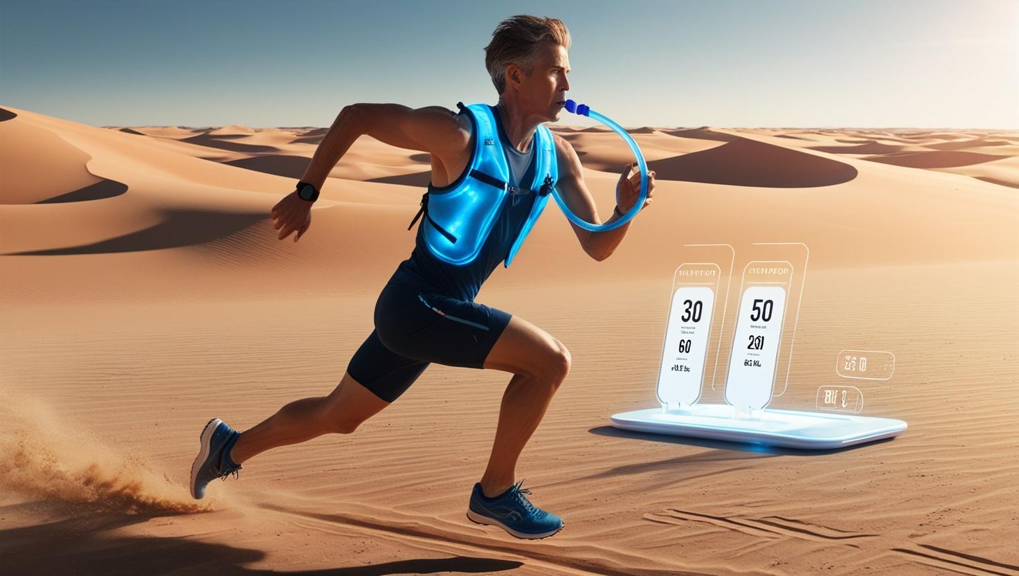 A runner in a desert wearing a glowing blue vest, drinking from a tube while real-time hydration stats float beside them. Style_ Sporty futuristic design, dynamic motion blur.