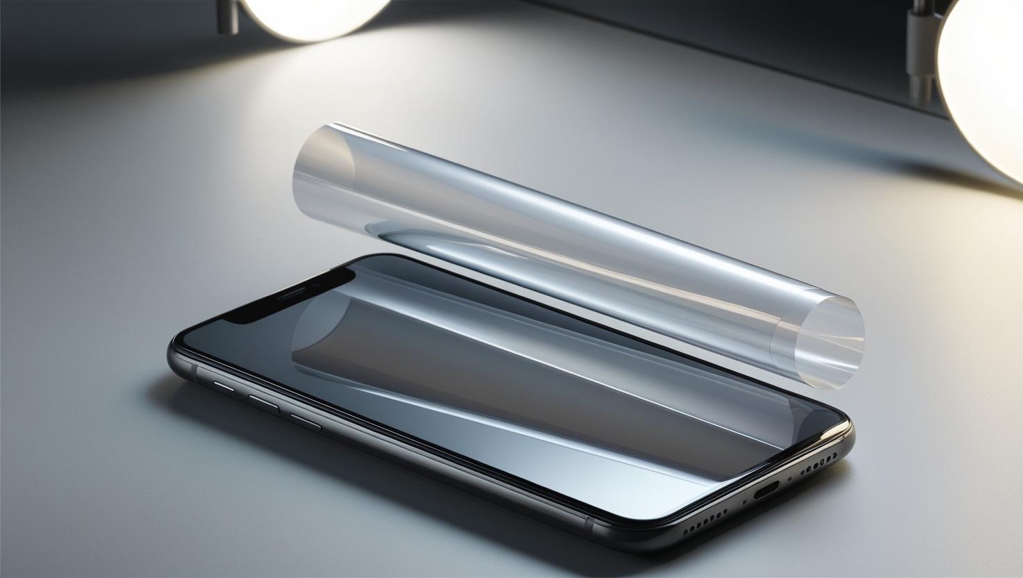 A high-tech transparent phone screen film partially unrolled over a modern smartphone, ambient workshop lighting, subtle nano-texture surface, showcasing foldable edges in mid-unfold—minimalistic tech aesthetic.