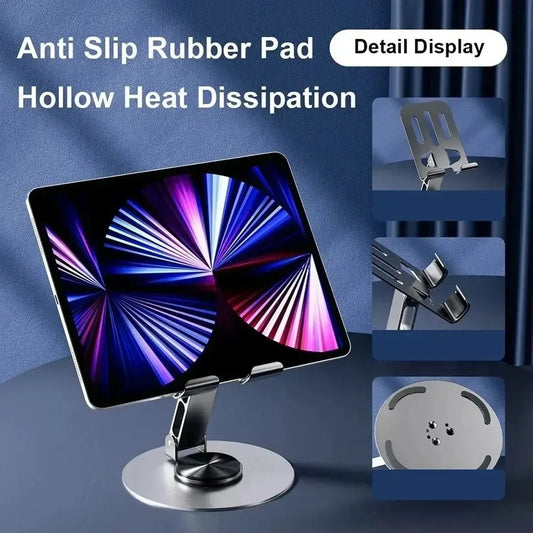 Aluminum 720° Rotating Tablet & Phone Stand – Foldable, Adjustable Desktop Mount for iPad & Smartphones