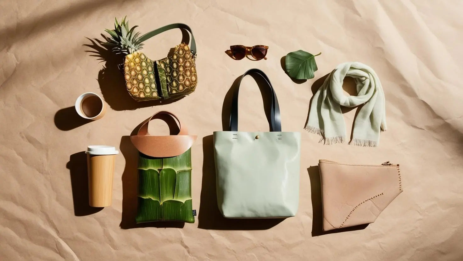 Stylish young woman walking confidently in an urban park carrying multiple eco-friendly bags in natural tones (beige, sage green, terracotta). One bag is made of recycled materials, another from plant-based leather, clearly showing sustainable details. Background has soft bokeh of spring blossoms.
