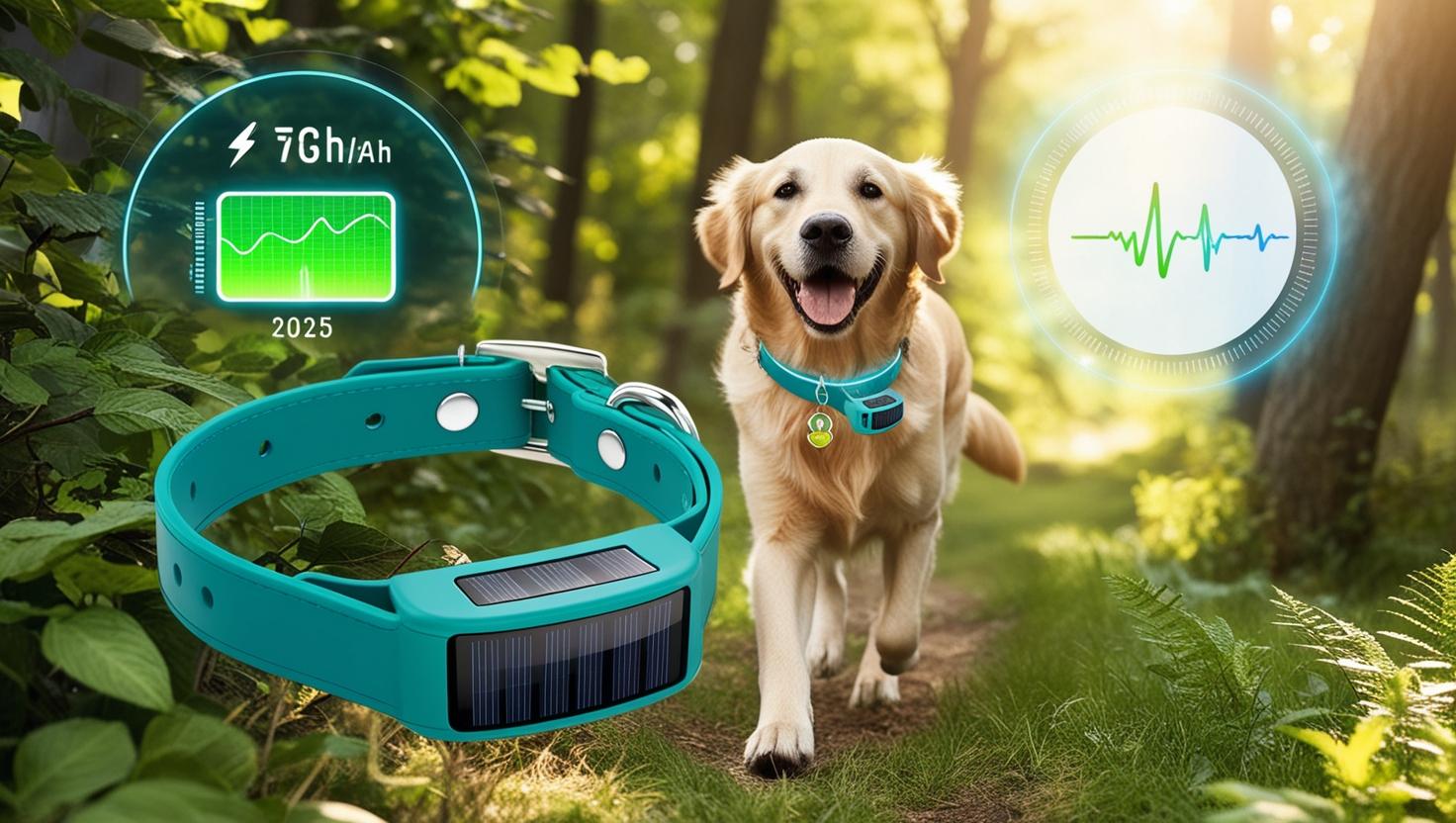A sleek teal pet collar with a mini solar panel charm, glowing health data hologram above it, on a happy dog hiking in a forest. Style_ Futuristic eco-design, 2025 pet tech aesthetics.