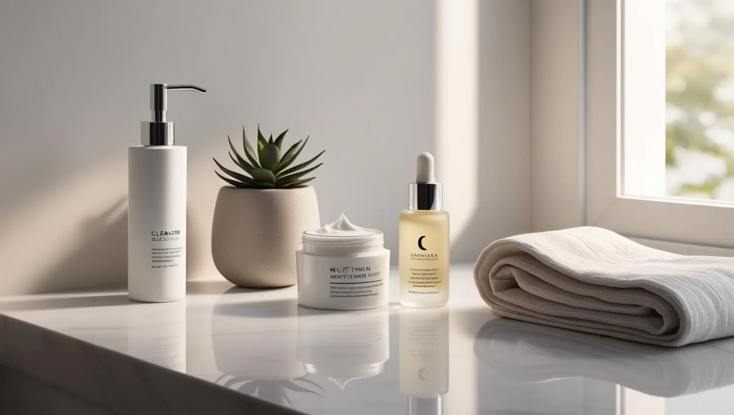 A serene, minimalist bathroom vanity with only 3-4 essential skincare products (cleanser, multi-functional moisturizer with SPF, and a serum) arranged neatly on a marble surface with soft neutral tones. Include a simple potted succulent and folded linen towel for texture. Morning light streams through a nearby window, creating soft shadows.