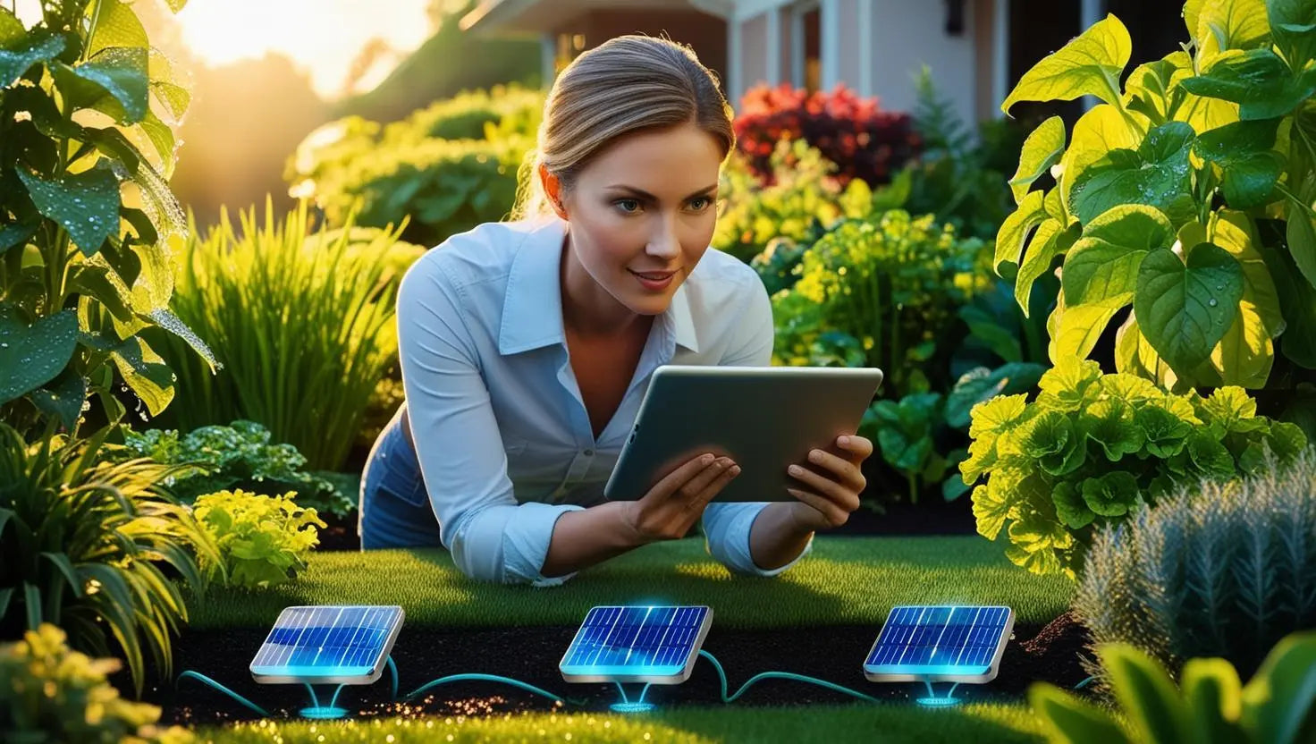 Modern smart gardening setup showing a tech-savvy woman using a tablet to control an automated irrigation system in a lush home garden, with solar-powered sensors visible in soil. The scene should look futuristic yet natural, with morning sunlight and dew on plants.